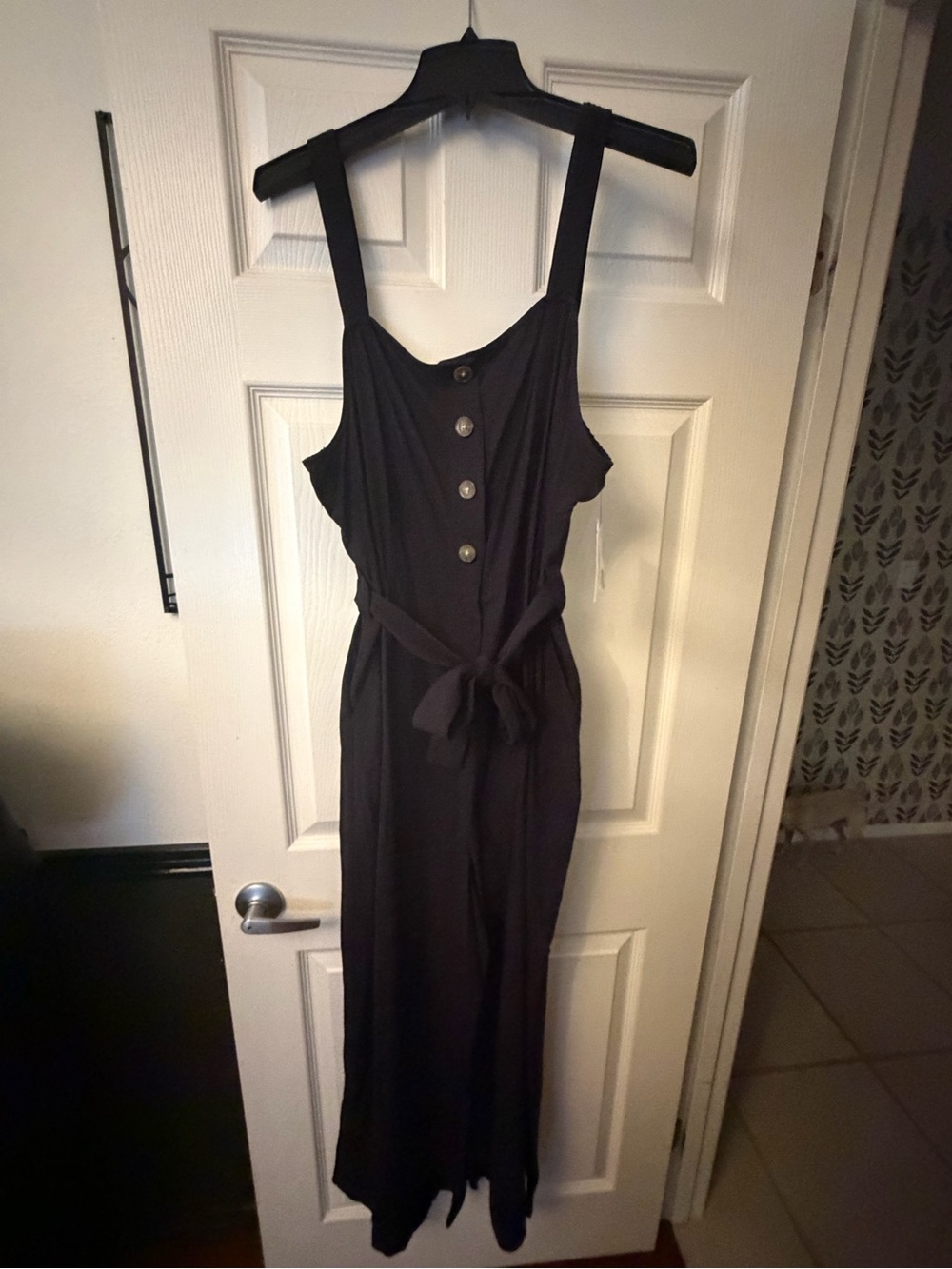 Nine West Black Sleeveless Button-Front wide leg pant romper with Waist Tie